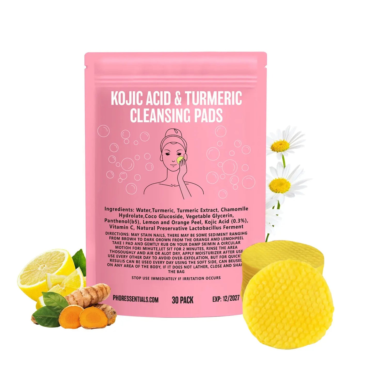Kojic Acid Cleansing Pore Gentle Not Tight Daily Skin Care Moisturizing and Brightening Facial Turmeric Cleansing Pad Lumenya