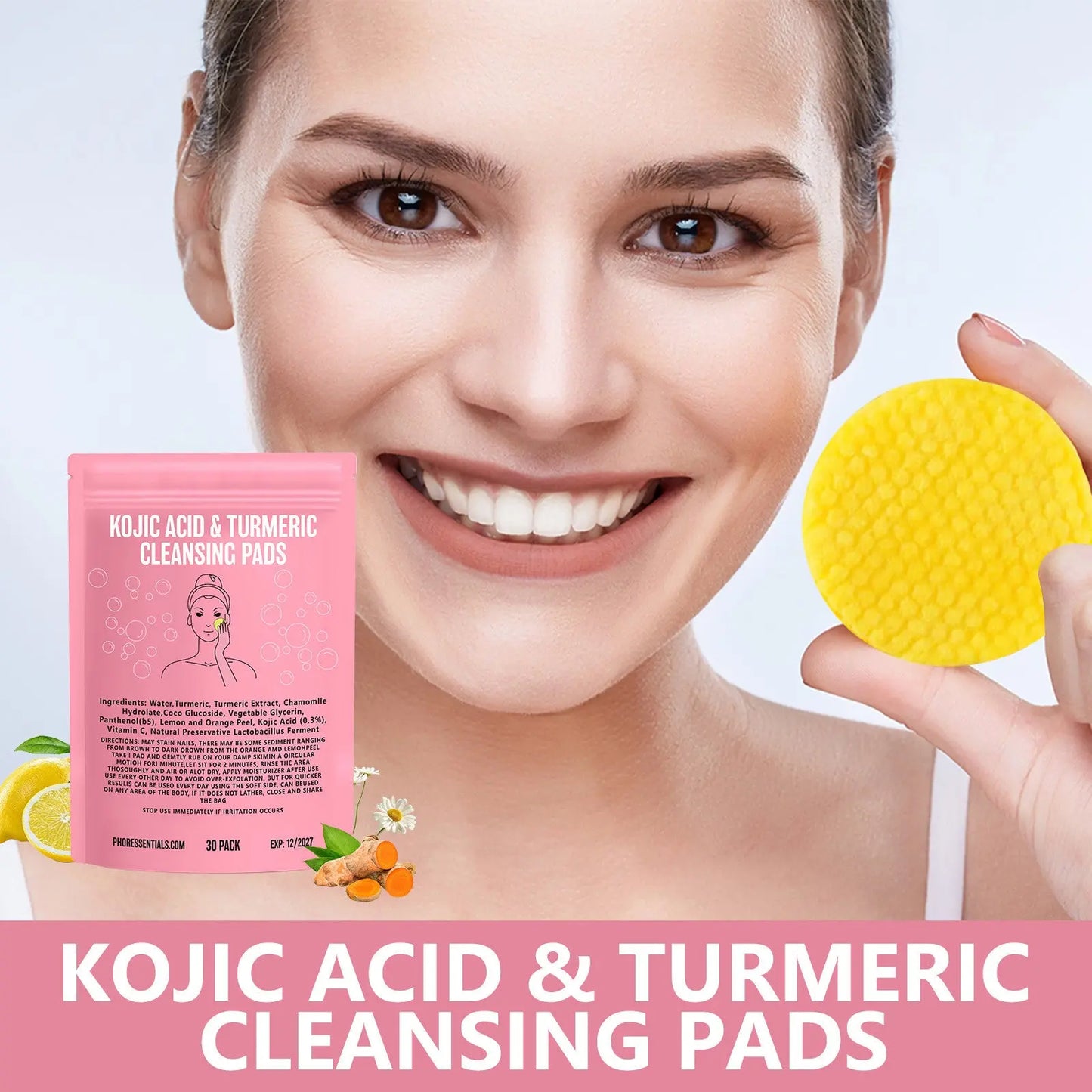 Kojic Acid Cleansing Pore Gentle Not Tight Daily Skin Care Moisturizing and Brightening Facial Turmeric Cleansing Pad Lumenya