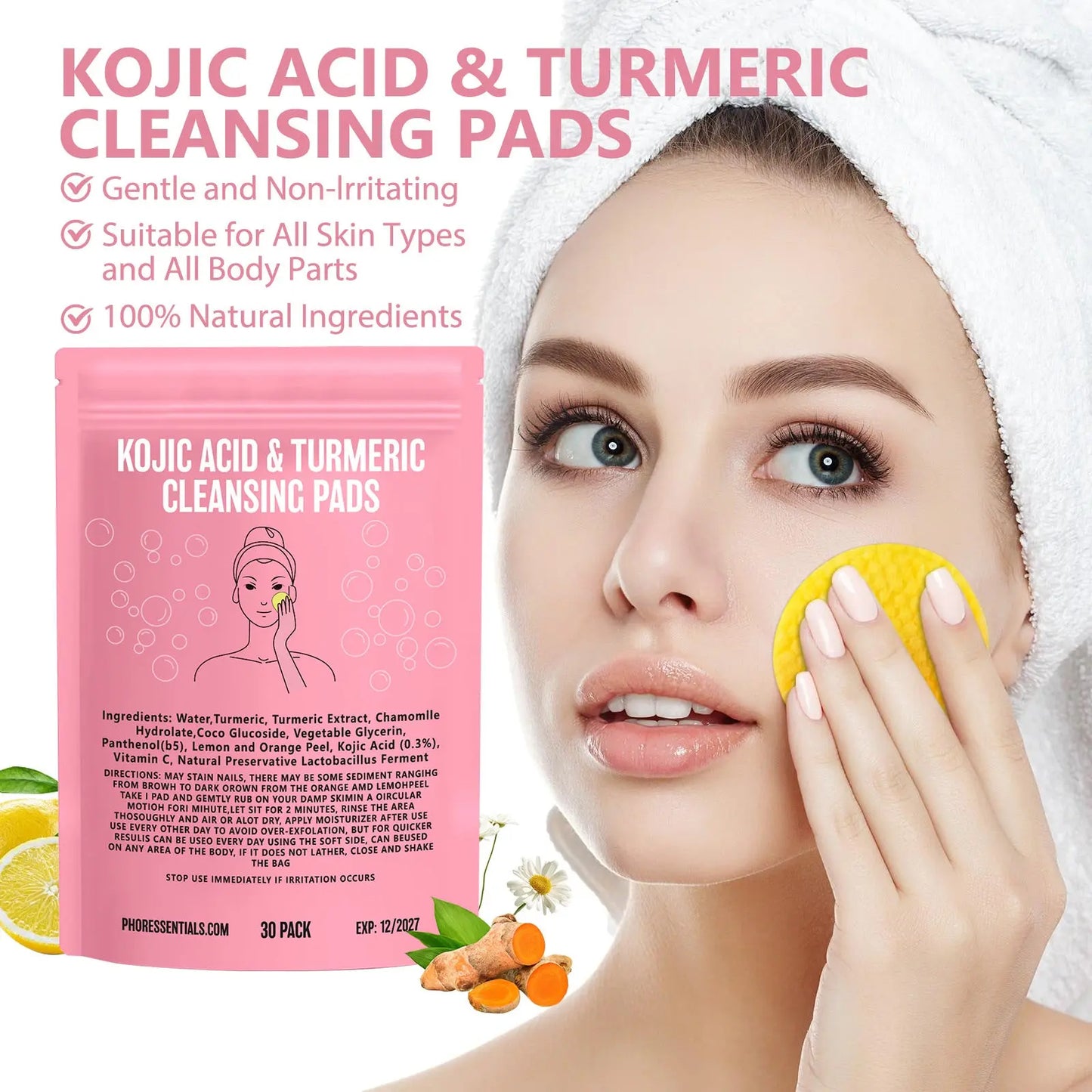 Kojic Acid Cleansing Pore Gentle Not Tight Daily Skin Care Moisturizing and Brightening Facial Turmeric Cleansing Pad Lumenya
